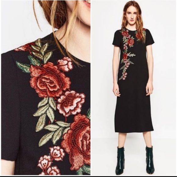 Zara Dresses & Skirts - Zara Embroidered Rose Applique Midi Dress